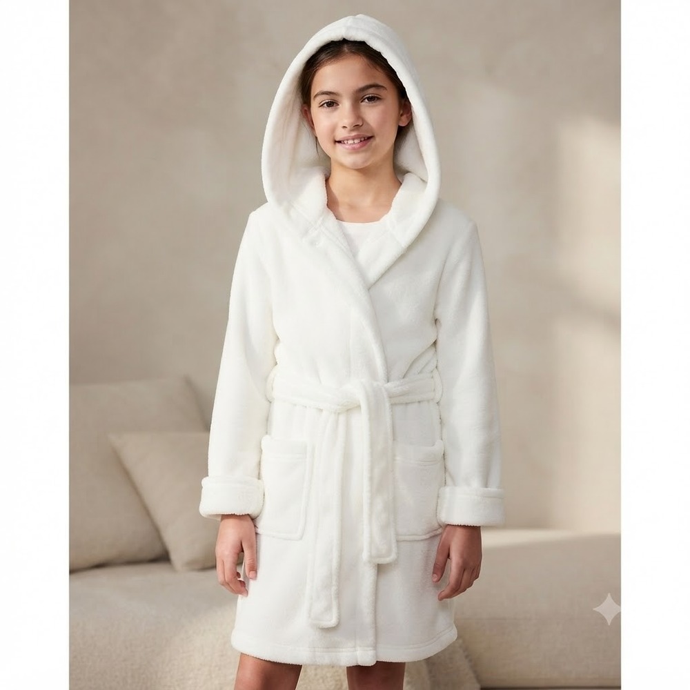 Gap Kids White Fleece Hooded Bathrobe Size 14‎ Recycled Polyester Tie Waist Robe